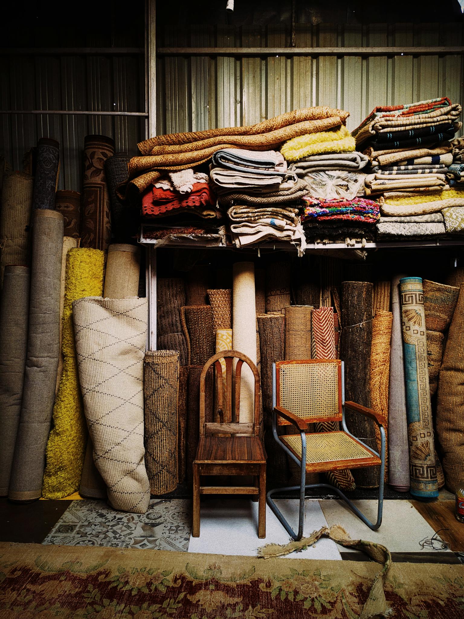 A variety of rugs and chairs stacked in a rustic warehouse setting.